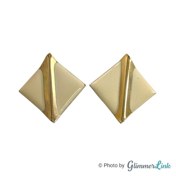 Vintage 80s Rhombus Diamond Shaped Enamel Gold Tone Pierced Earrings - Picture 1 of 7